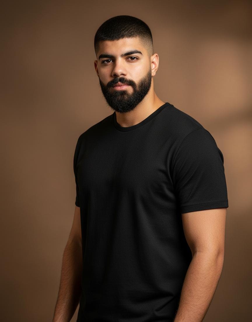 Man wearing a black t-shirt against a brown background
